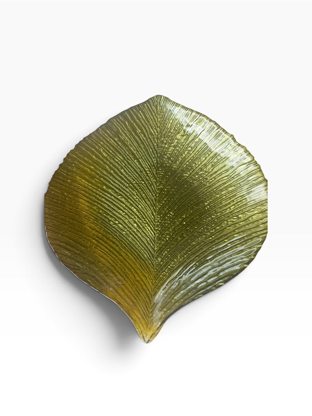 Large Gold Olive Green Textured Glass Leaf Platter Centerpiece 15”